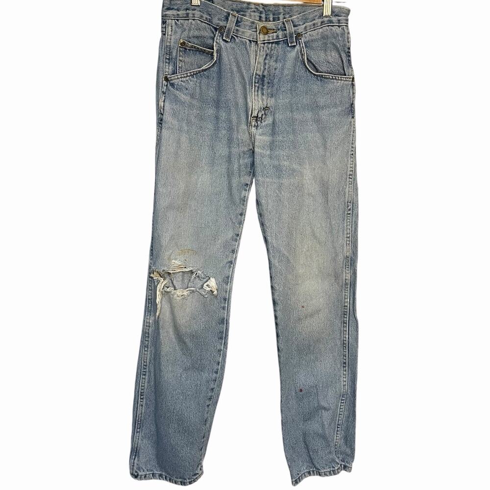 Wrangler Straight Leg Jeans Busted Knee Mens 30X30 Blue Pockets Rugged Casual